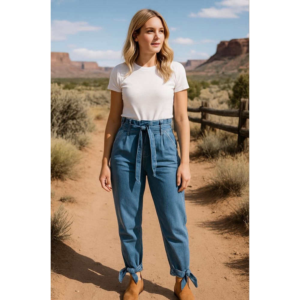 K+Glam Blue Jeans Waist Ankle Ties High‎ Waisted Coastal Cowgirl Westerncore 2X